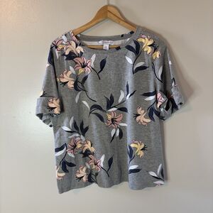 Liz Claiborne Floral Top Gray Pink Cuffed Short Sleeve Shirt Sz XXL